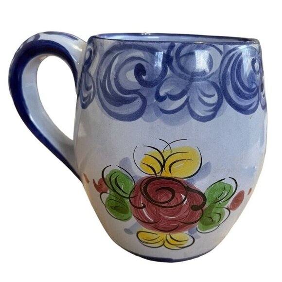 Vintage Mug Vestal Portugal 166 Floral Lisboa Pottery Blue Hand Painted Souvenir - Picture 1 of 10